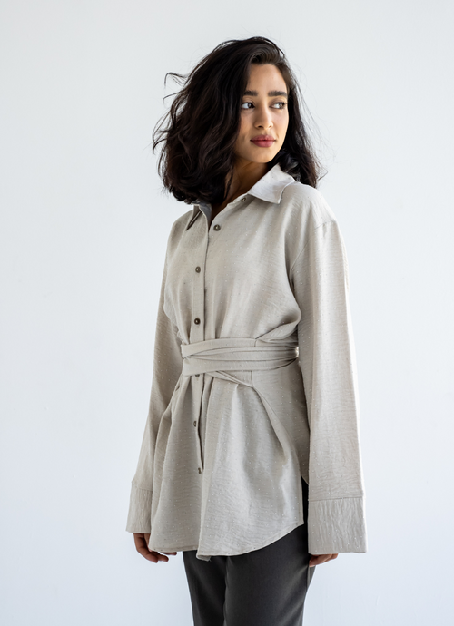 Beige Strasses Wrapped Shirt