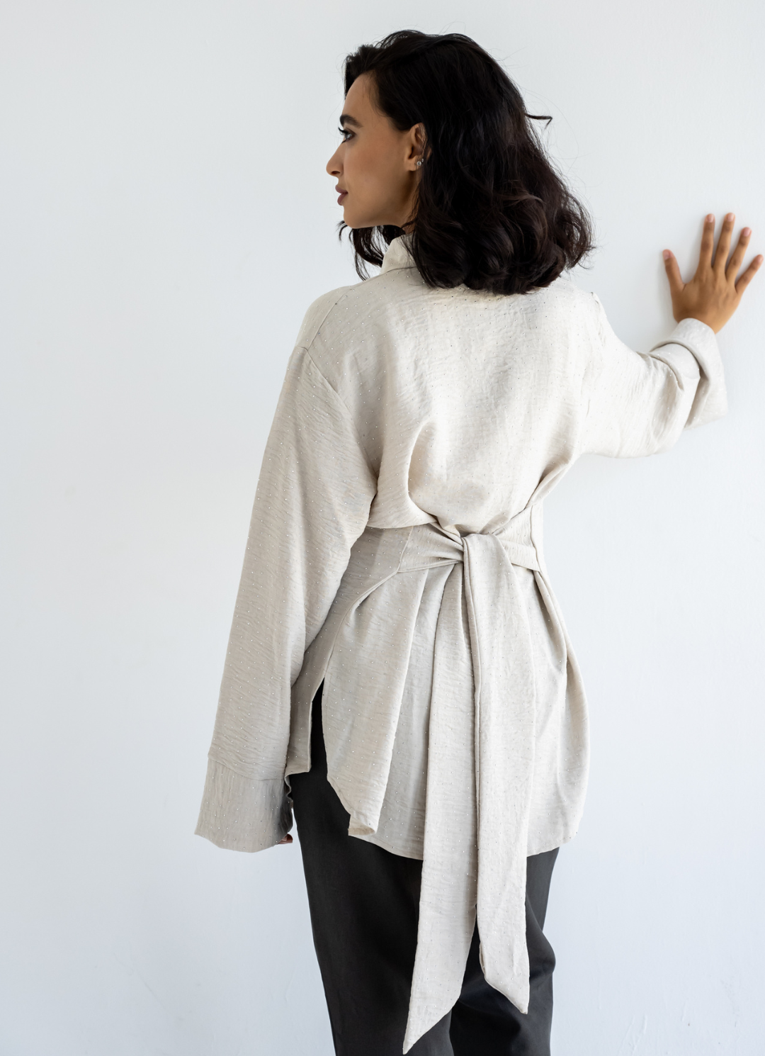Beige Strasses Wrapped Shirt