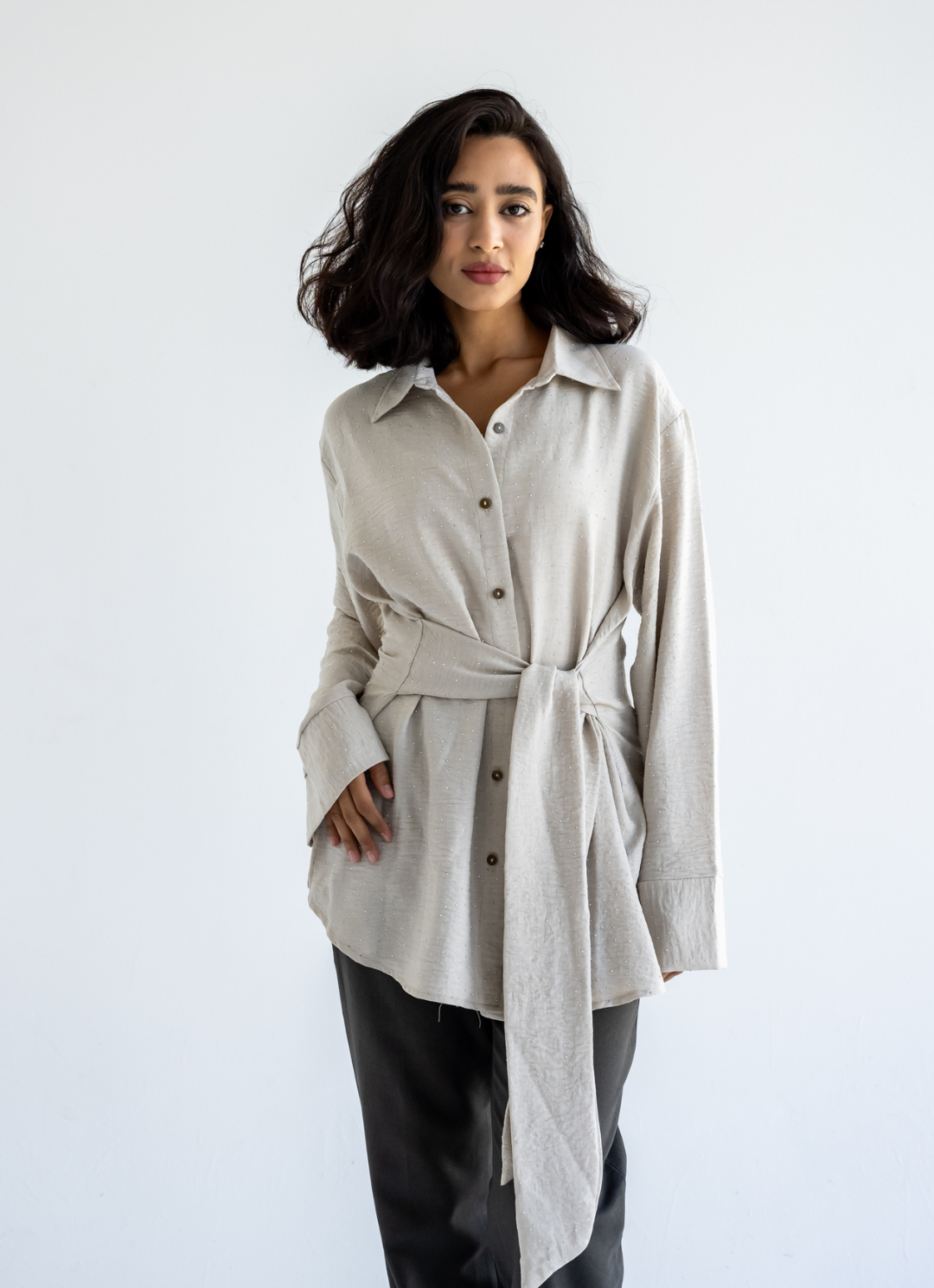 Beige Strasses Wrapped Shirt