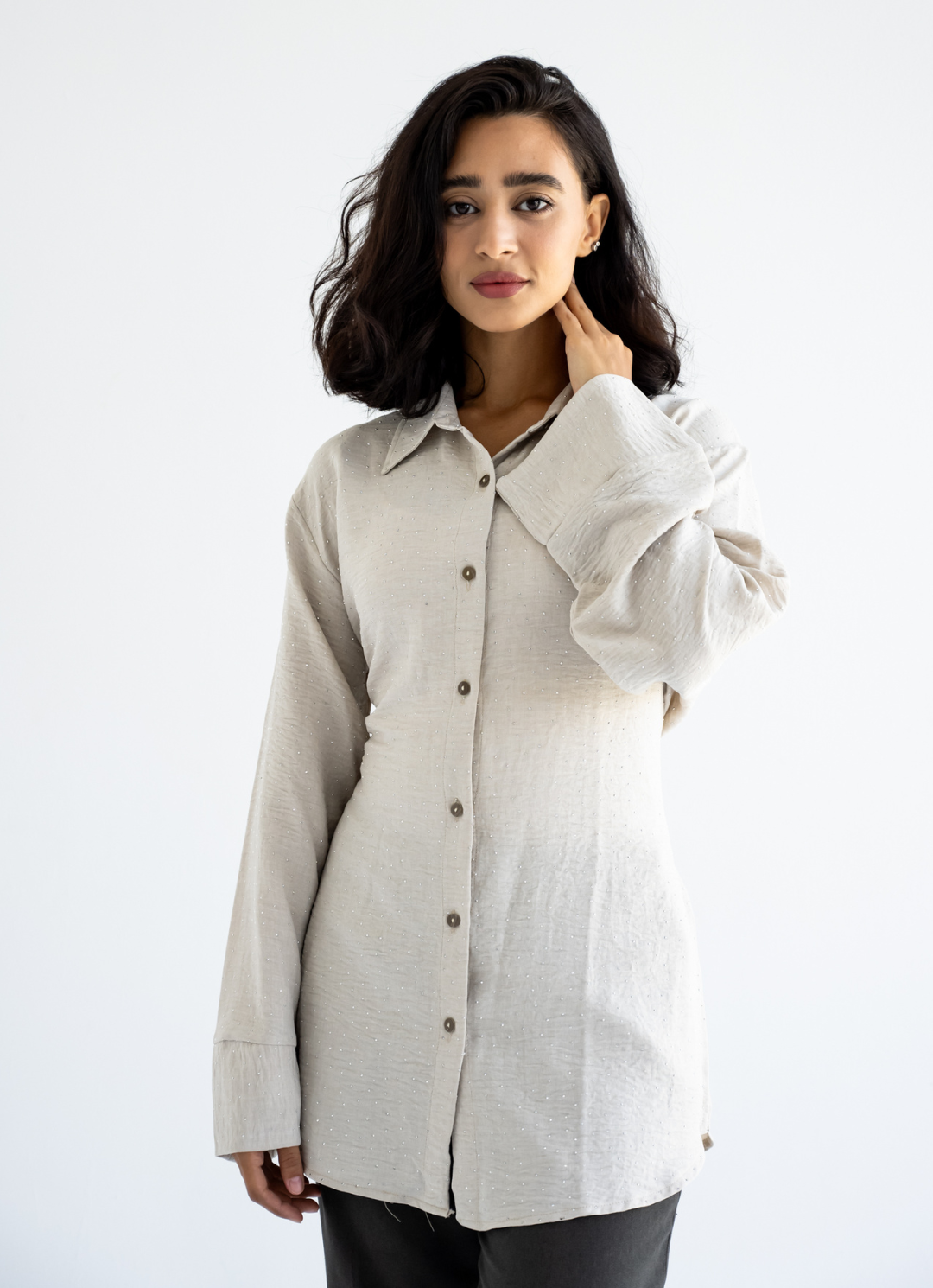 Beige Strasses Wrapped Shirt