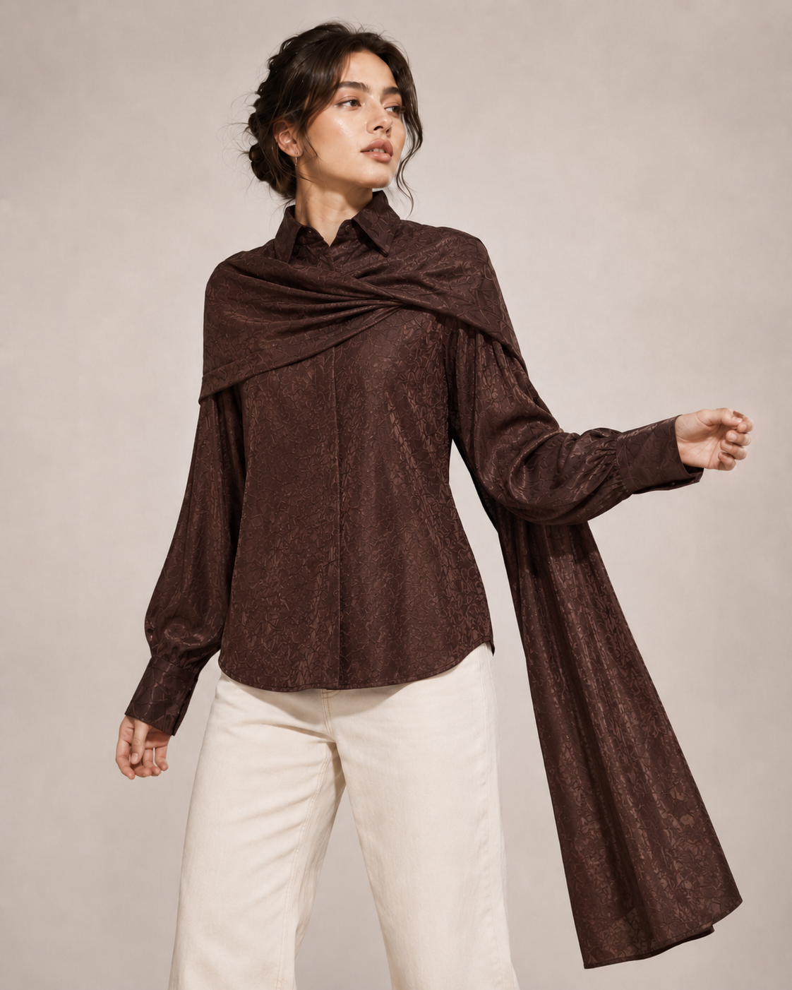 Brown Scarf Blouse