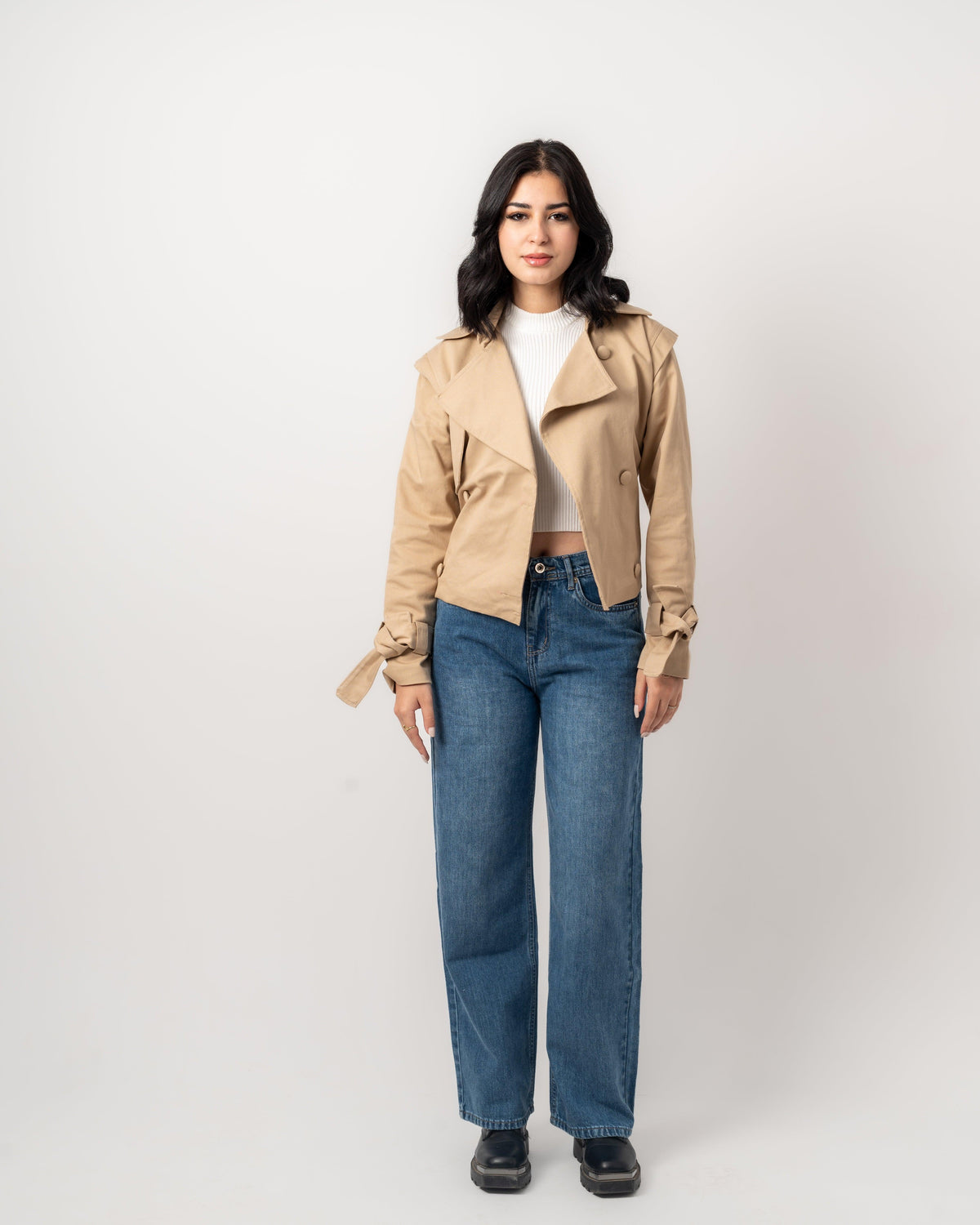 Camel Gabardine Cropped Trench Coat - Yeilda