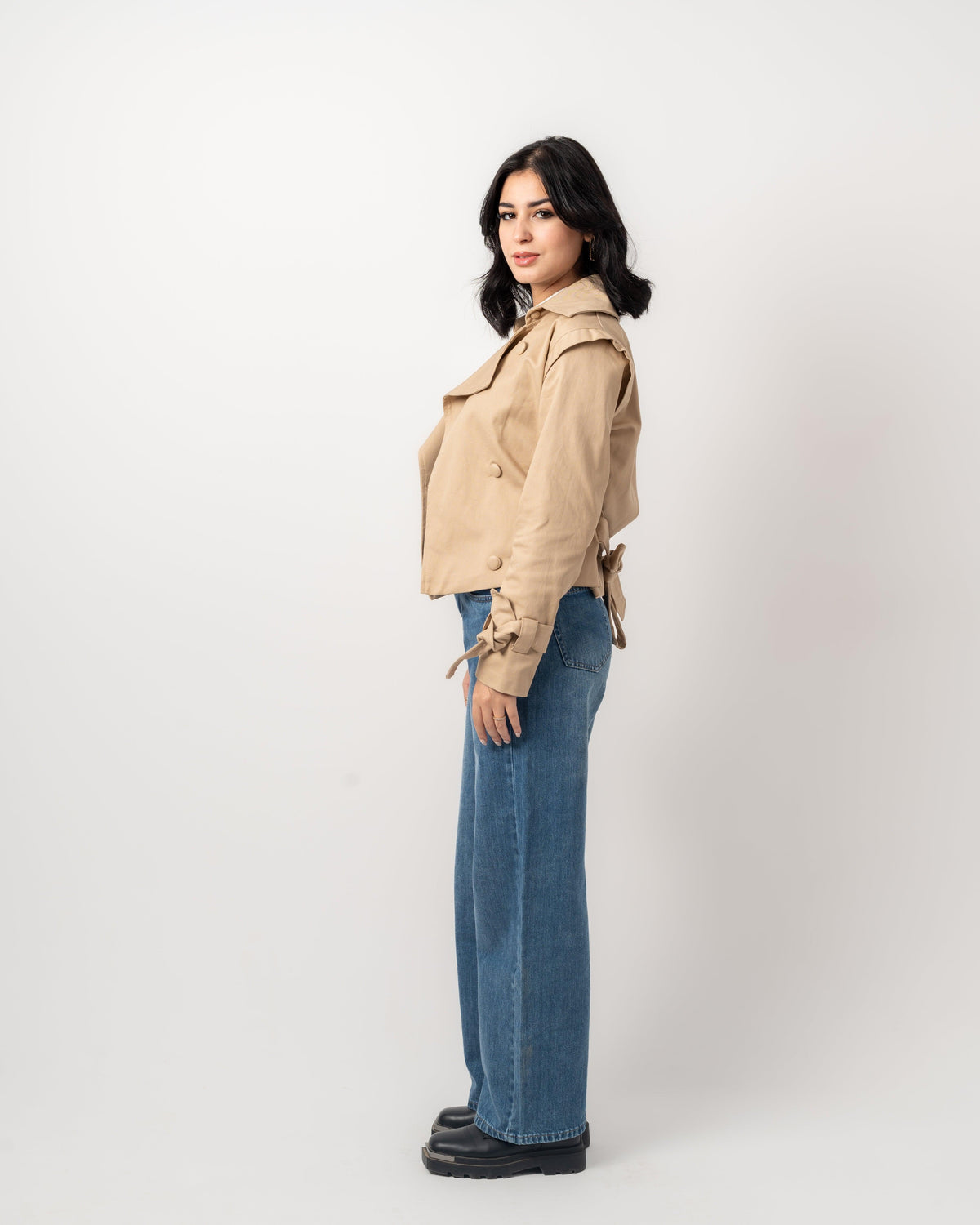 Camel Gabardine Cropped Trench Coat - Yeilda