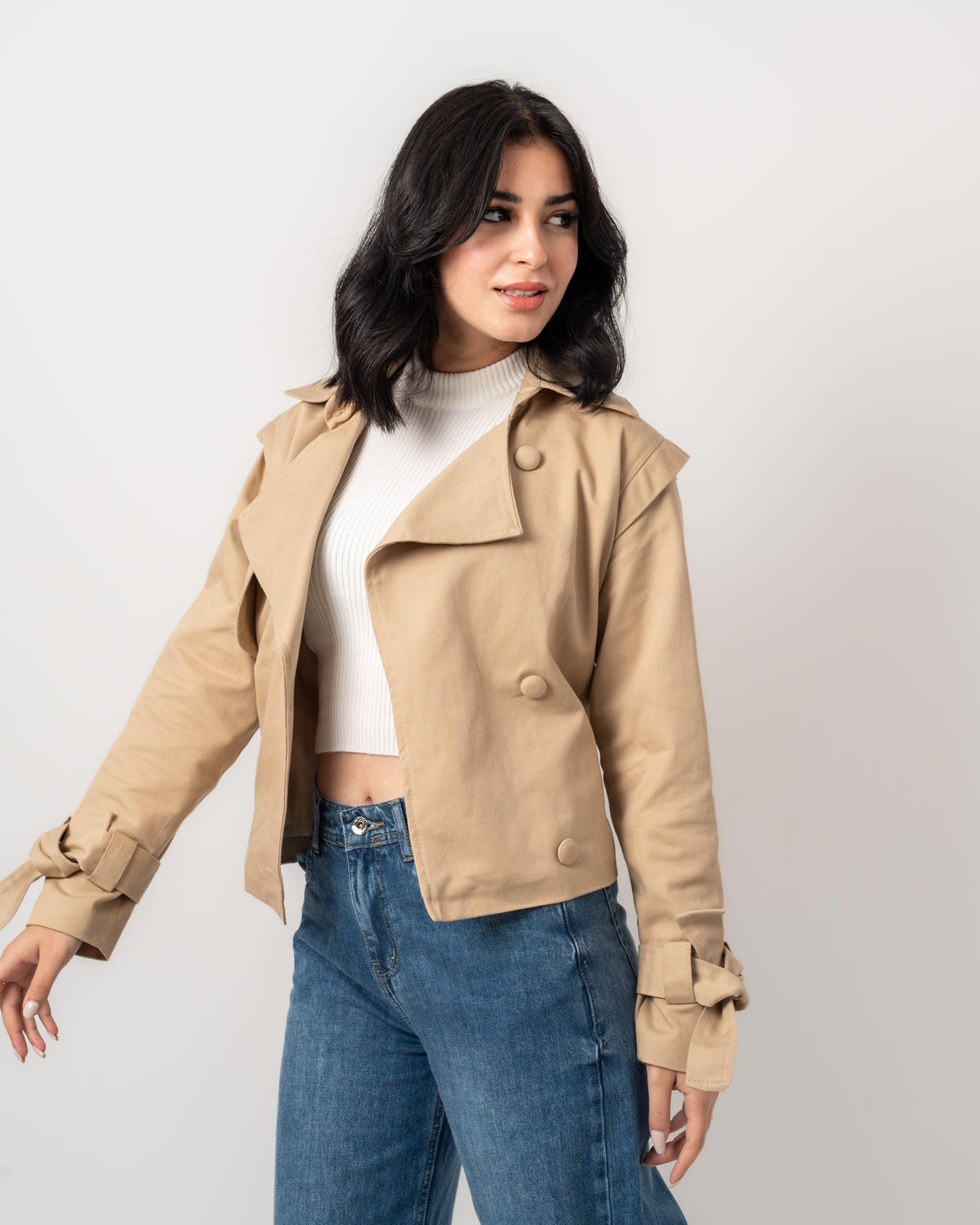 Camel Gabardine Cropped Trench Coat - Yeilda