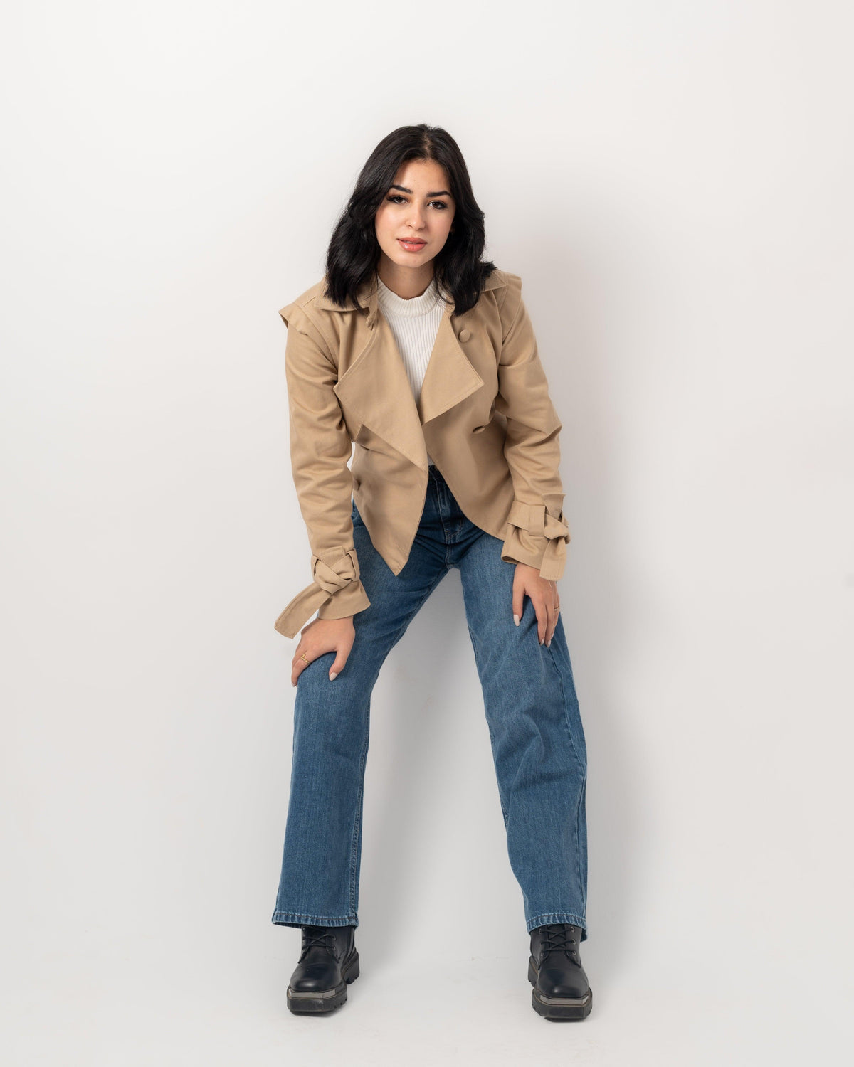 Camel Gabardine Cropped Trench Coat - Yeilda