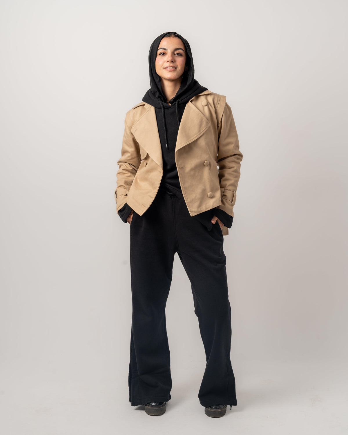 Camel Gabardine Cropped Trench Coat - Yeilda