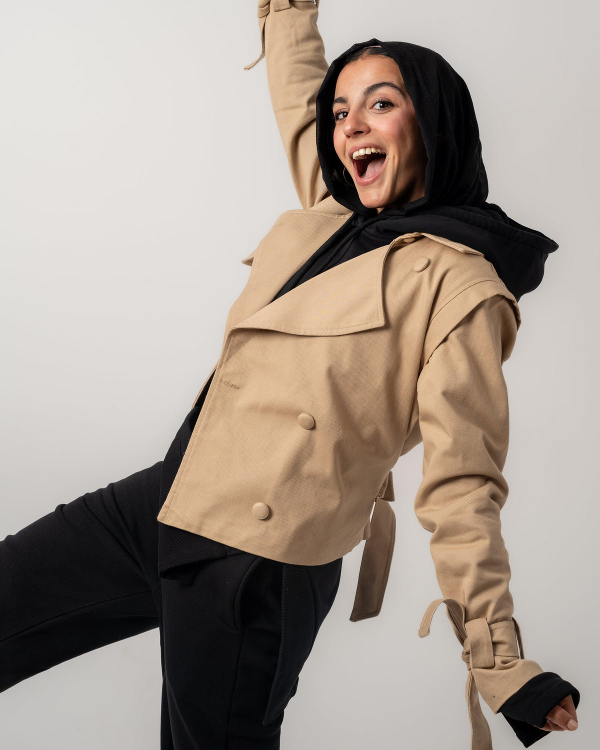 Camel Gabardine Cropped Trench Coat - Yeilda