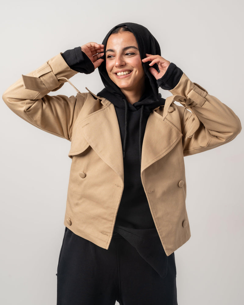 Camel Gabardine Cropped Trench Coat - Yeilda