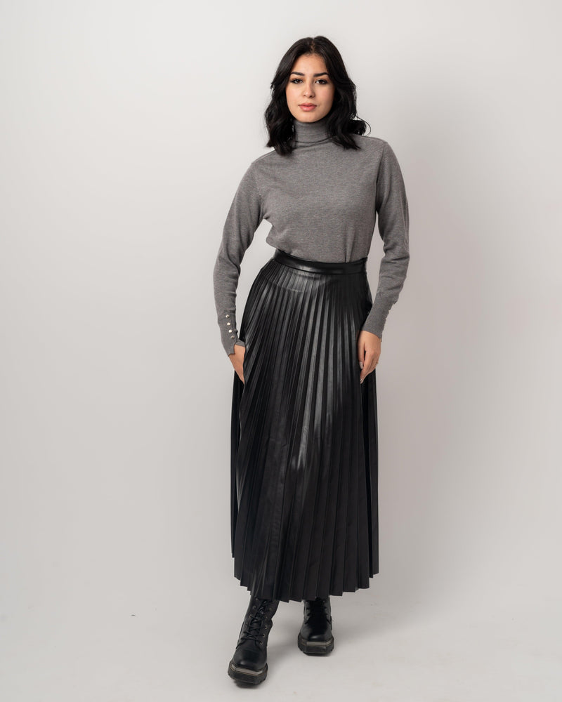 Black Leather Pleated Skirt - Yeilda