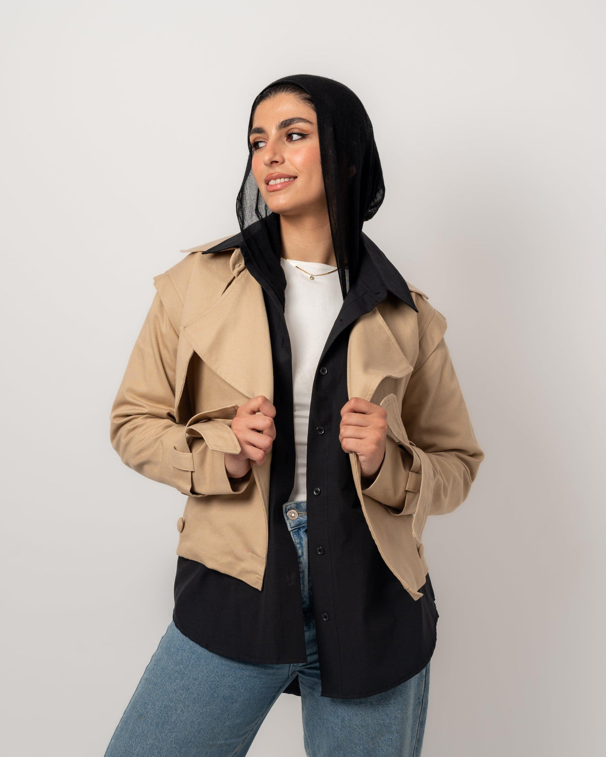 Camel Gabardine Cropped Trench Coat - Yeilda