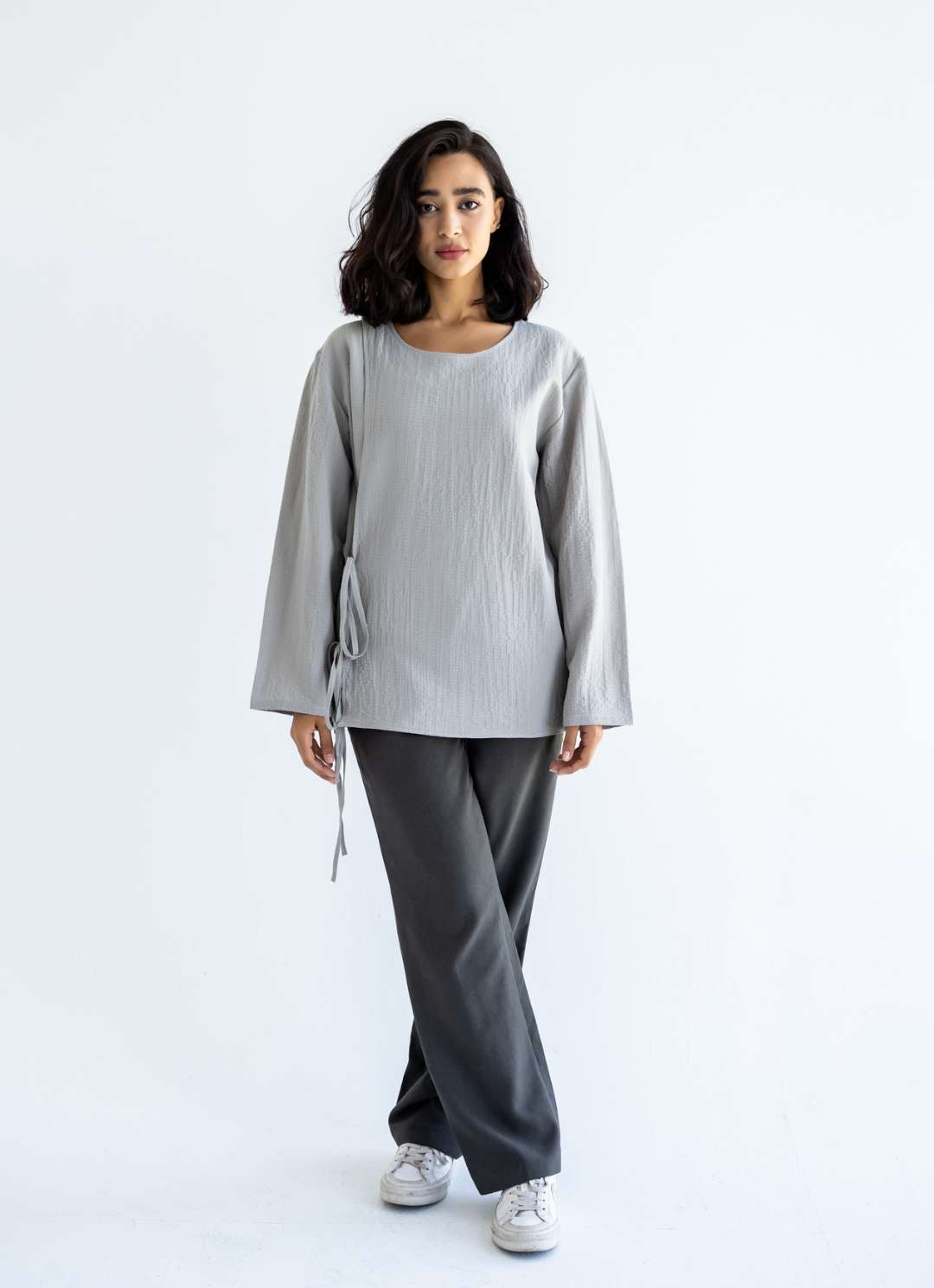 Grey Bow Tie Blouse