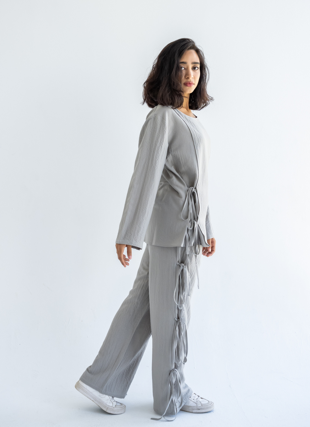 Grey Bow Tie Blouse