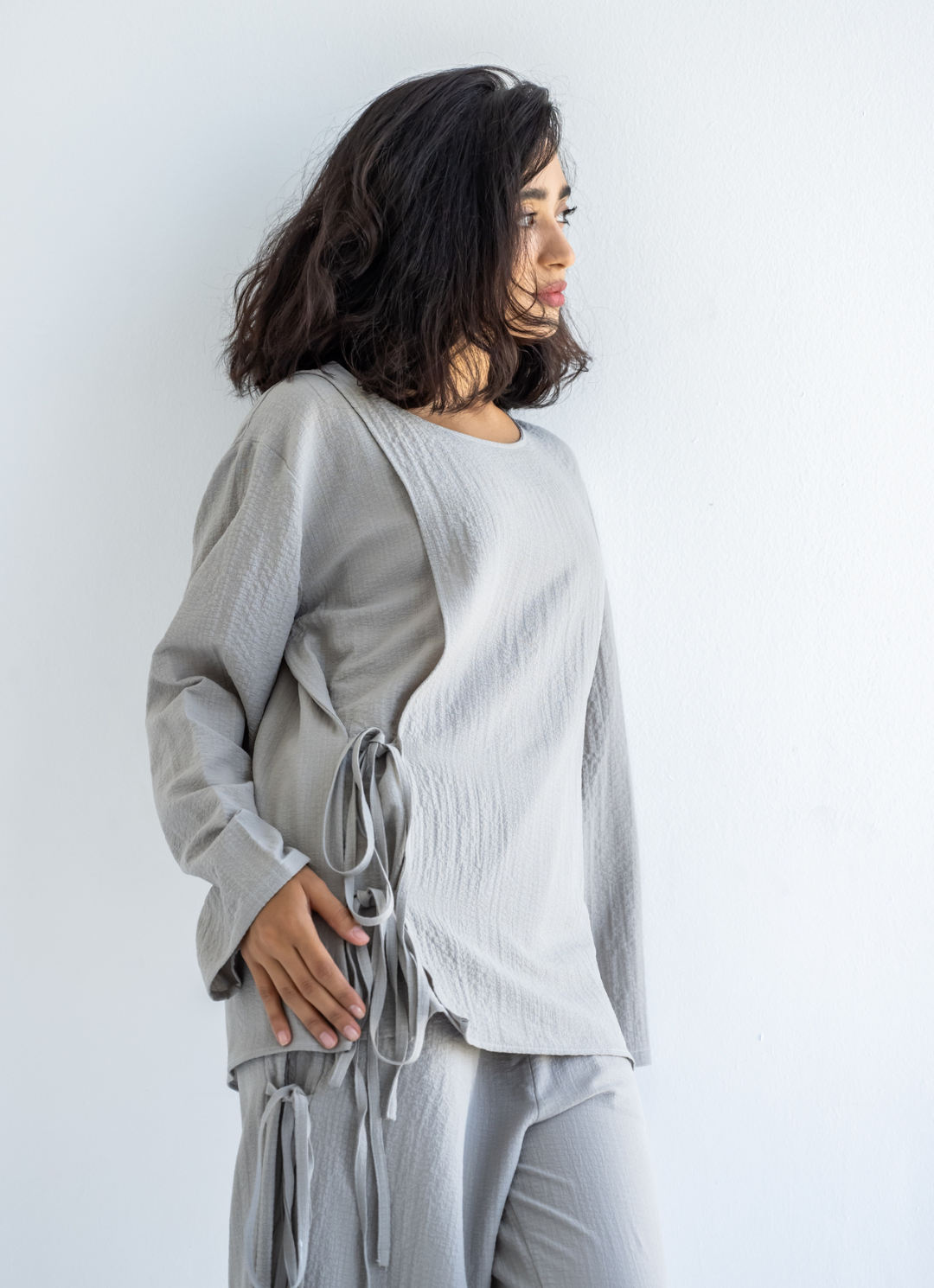 Grey Bow Tie Blouse