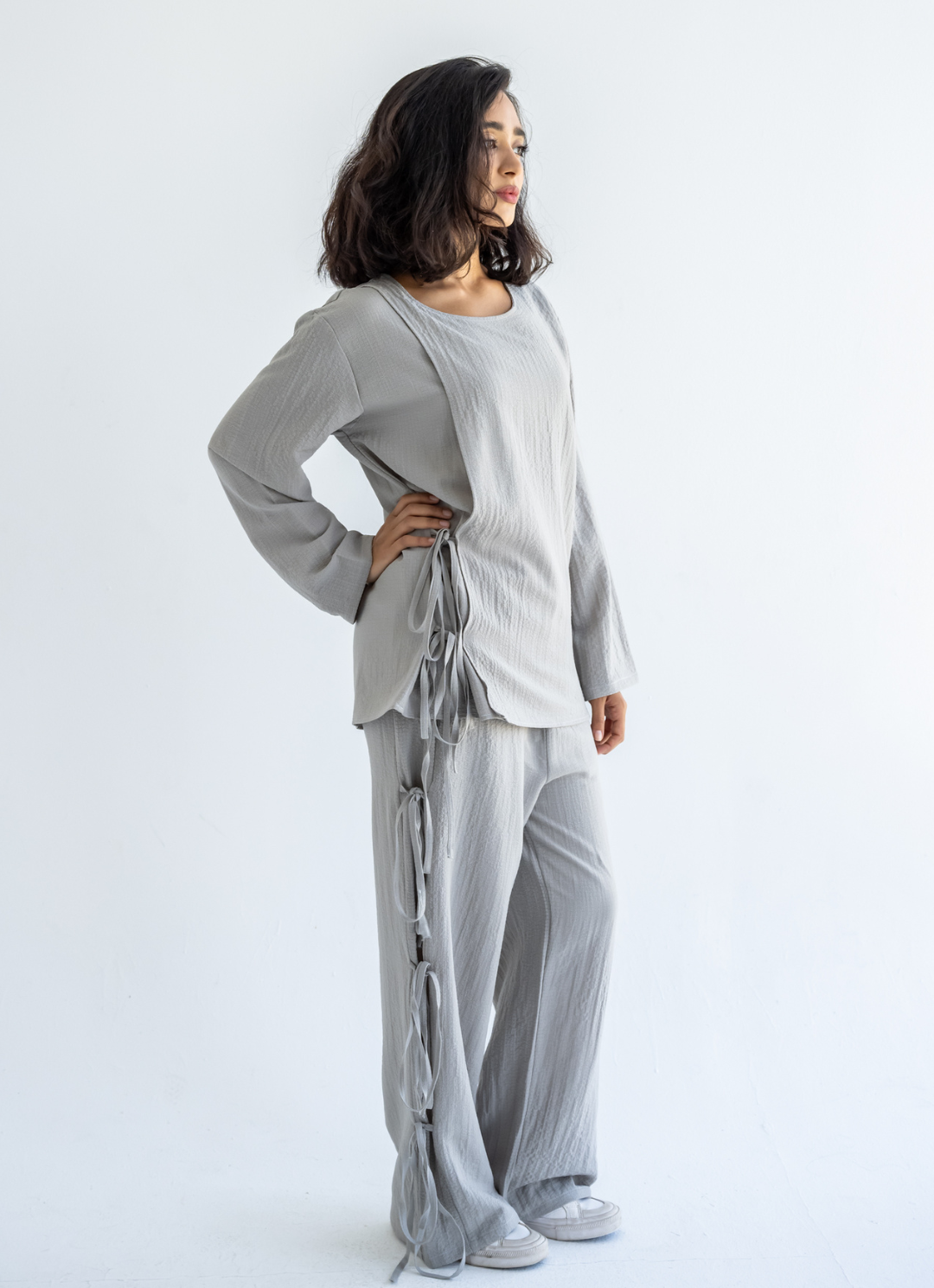 Grey Bow Tie Blouse