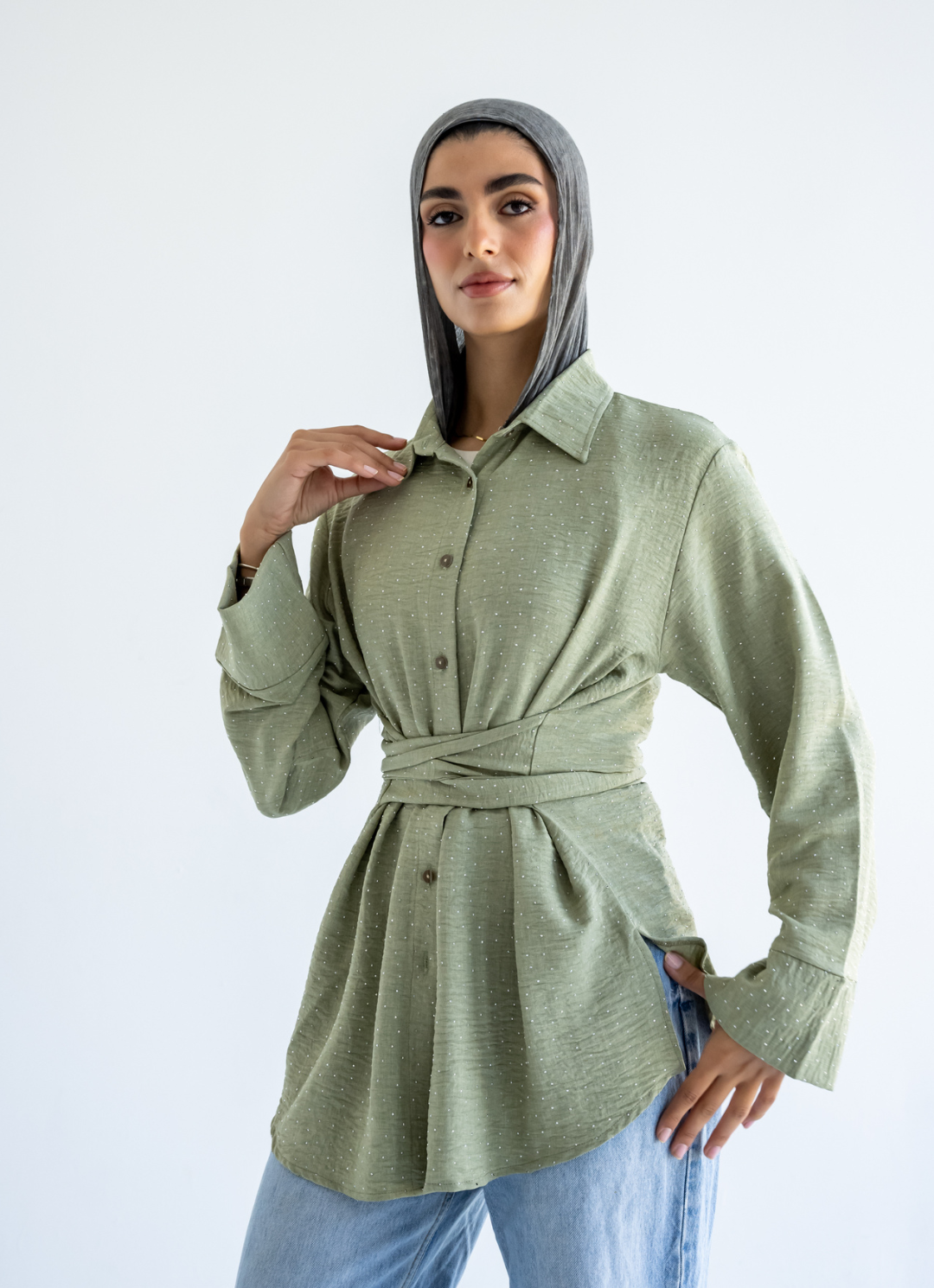 Olive Strasses Wrapped Shirt