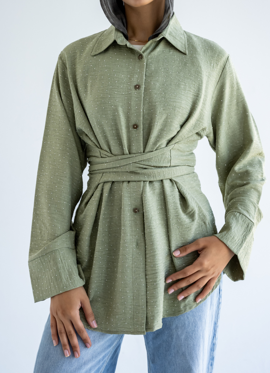 Olive Strasses Wrapped Shirt