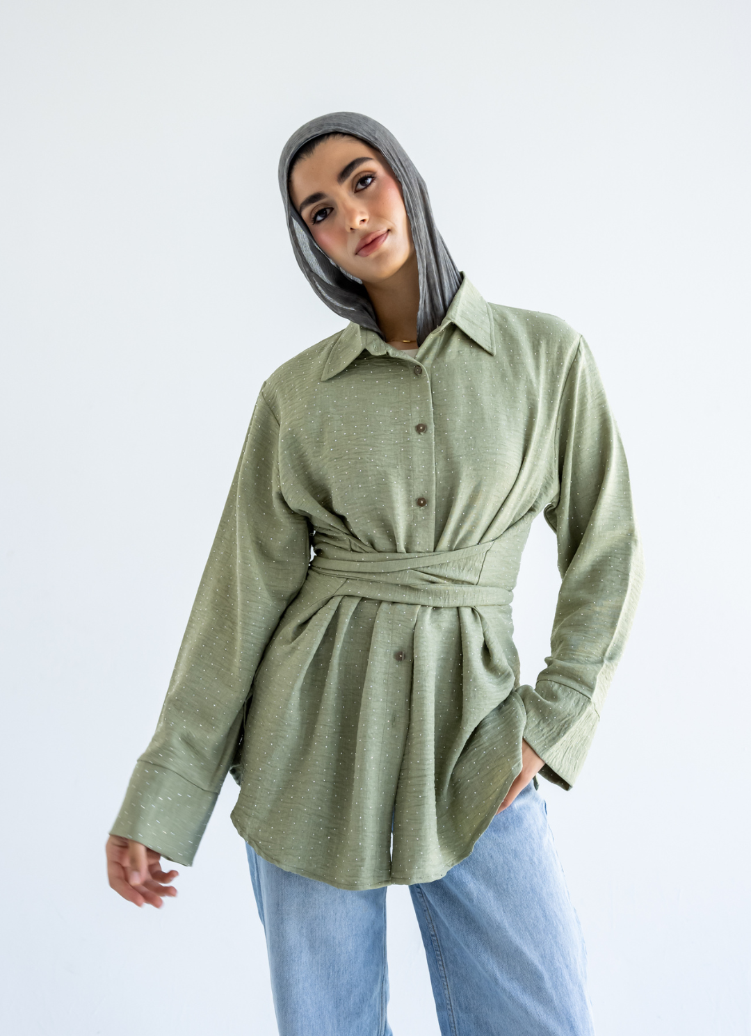 Olive Strasses Wrapped Shirt
