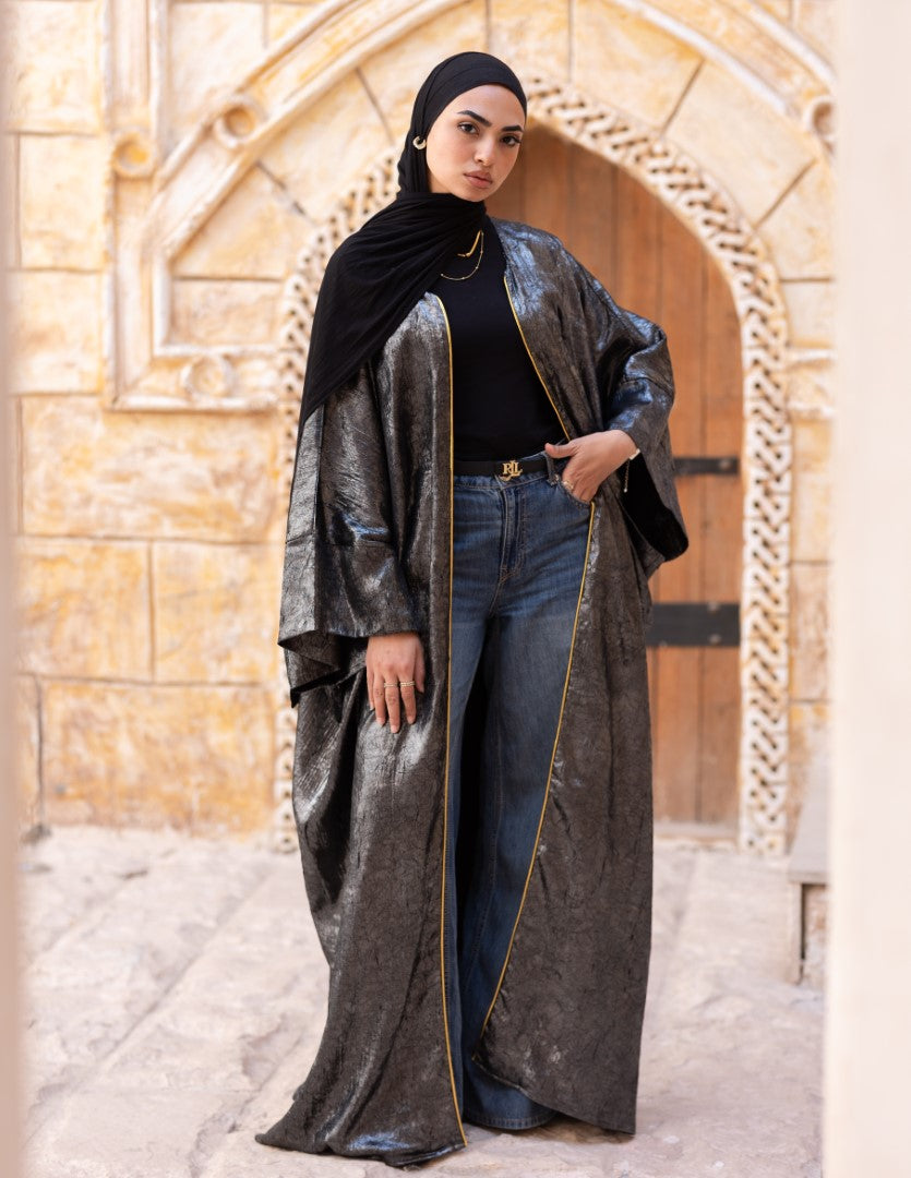 Noor Open Abaya – Steel Silver