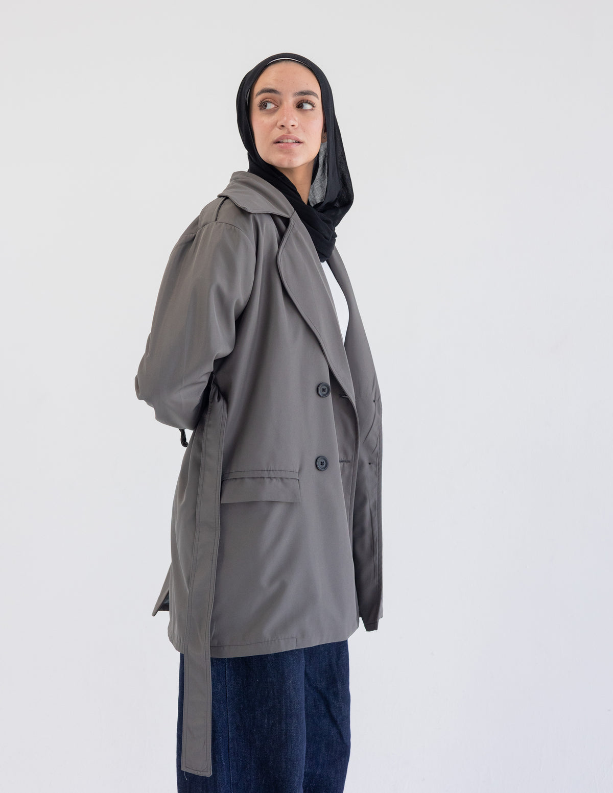 Grey Cropped Trench Coat