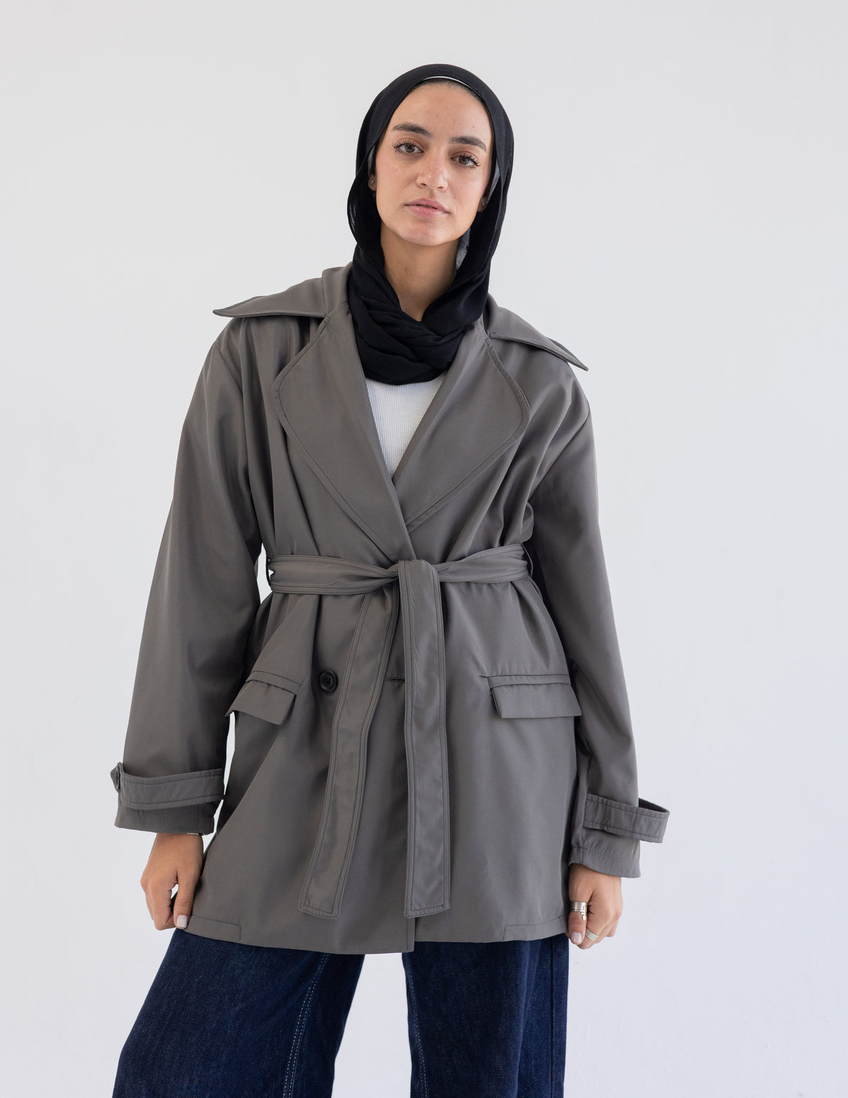 Grey Cropped Trench Coat