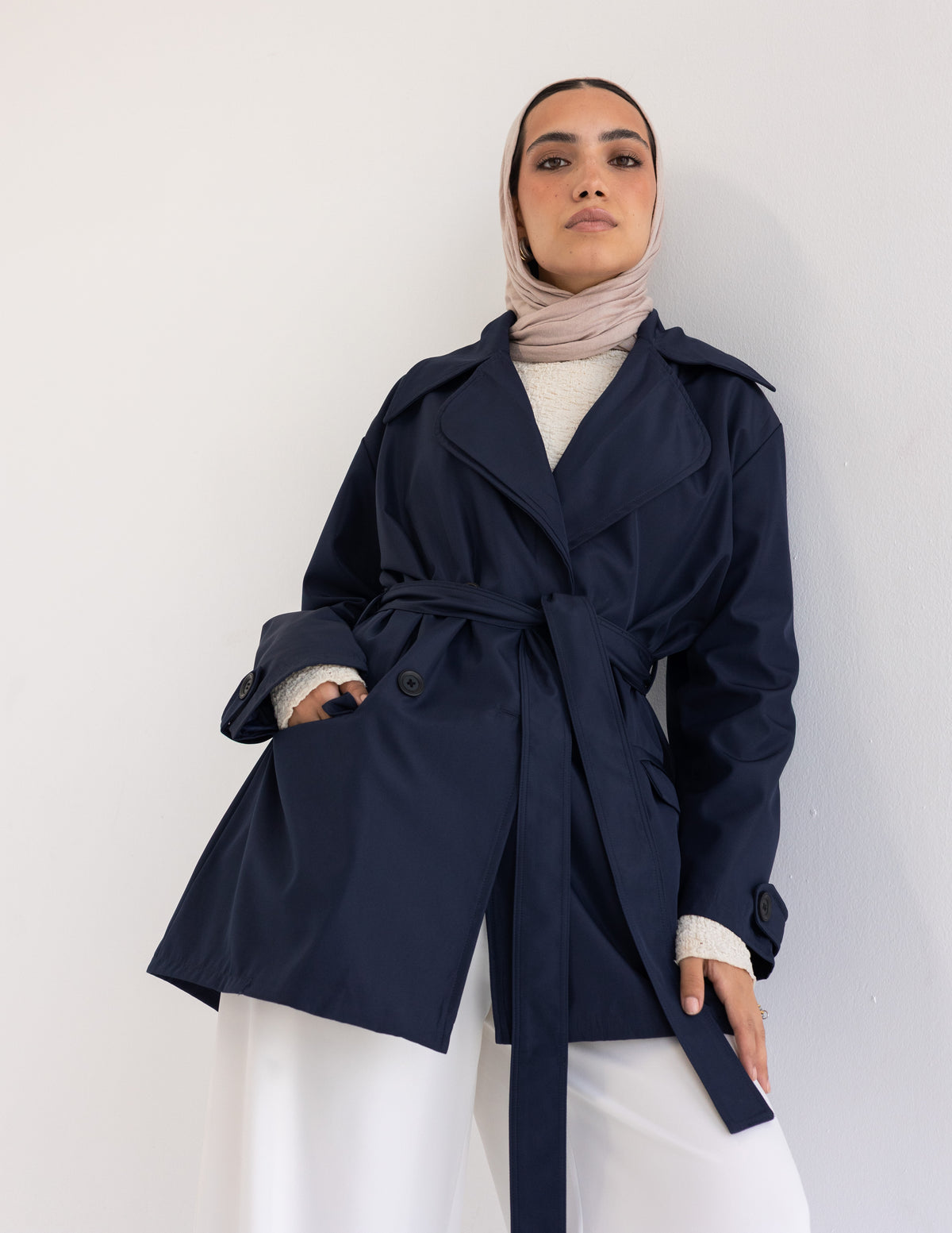 Navy Cropped Trench Coat