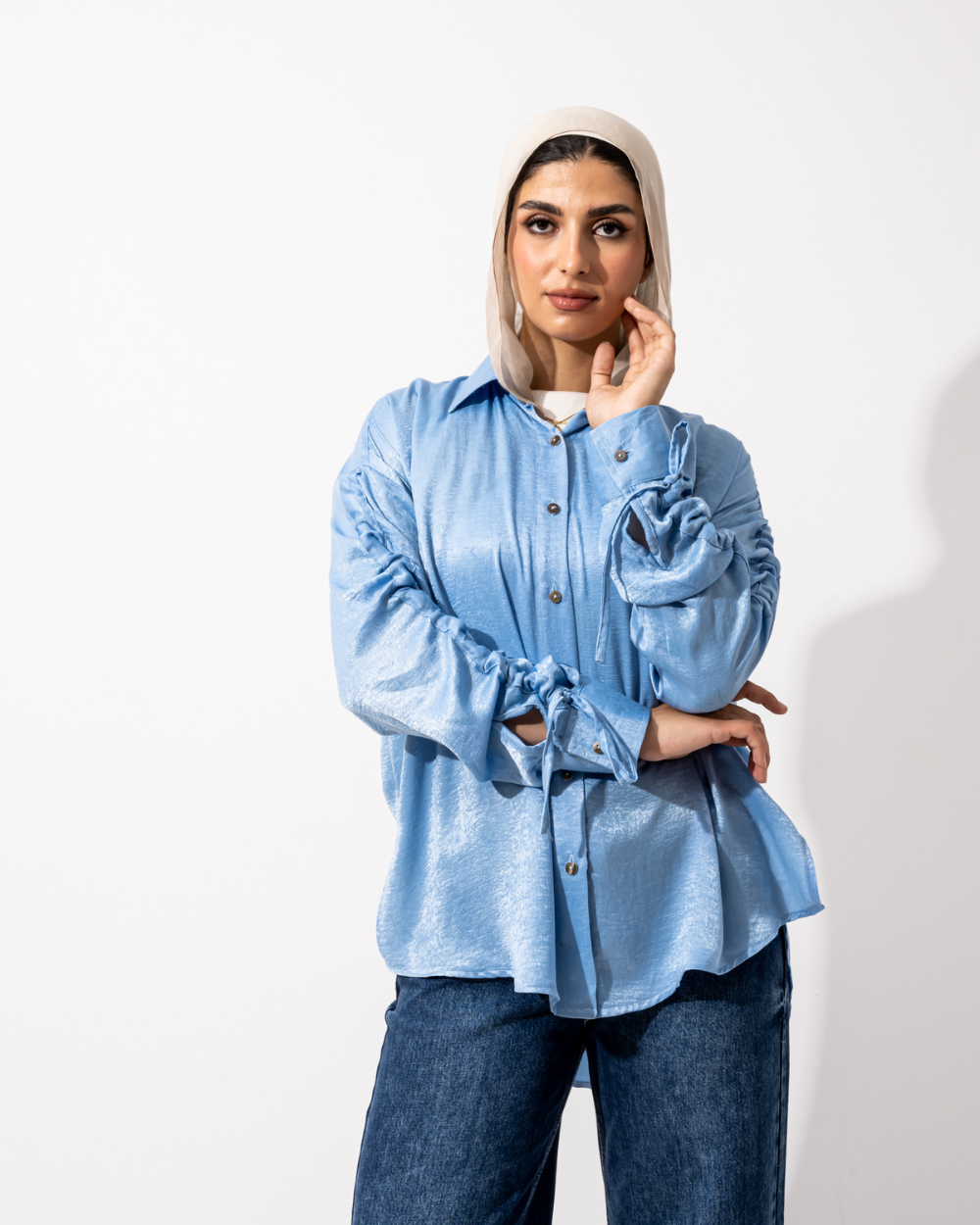 light blue satin blouse